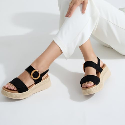 Image of UBFEN Womens Espadrille Platform Sandals Low Wedge Heel - Orthopedic Arch Support, Cushion Insole, Comfortable Dressy Buckle Sandals for Walking and Vacation