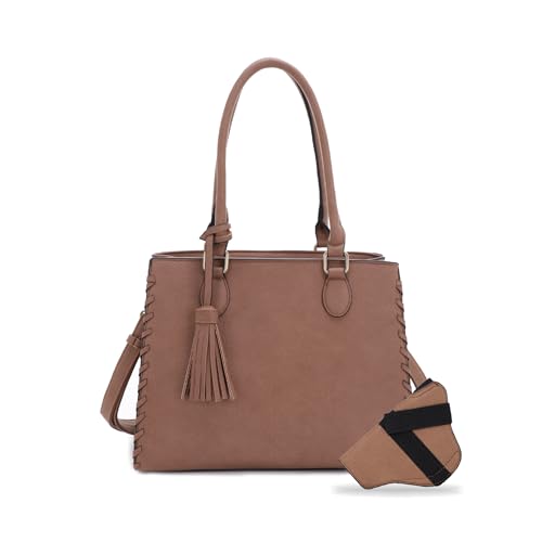 JESSIE & JAMES | Lioness Concealed Carry Satchel Bag with Tassel, Top Handle Purse with Crossbody Shoulder Strap - Sand