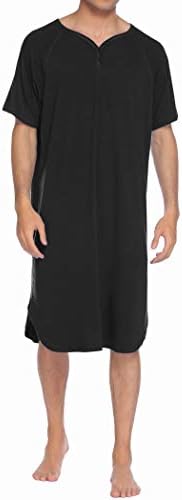 Ekouear Men's Nightgown Big & Tall Sleep Shirt Short Sleeve Pajama Plus Size Henley Nightshirt (Black,M)
