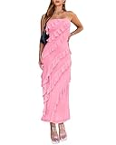 BTFBM Women Summer Elegant Strapless Midi Ruched Bodycon Dress Solid Color Stretch Mesh Slim Party Cocktail Dresses(Light Pink,Large)