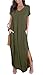 GRECERELLE Women's Maxi Dress Summer Casual Loose Side Split Short Sleeve V Neck Long Dresses with Pockets, Army Green, Medium