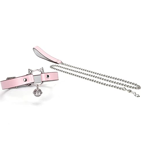 Emoi 首輪 人間 sm リード付き 女子 チョーカー 鈴 ファッション 可愛い 猫耳 吊り輪 地雷系 コスプレ アクセサリー お洒落な女王様 レディース choker smグッズ smプレイ コスチューム 仮装小物・小道具 調節可能 初心者向け ピンク - 画像1