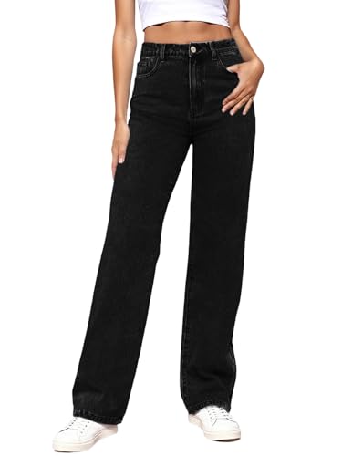 LBDLONGBIDA Women's Straight Leg Jeans Tummy Control Trendy High Waisted Stretchy Casual Denim Pants Baggy Trousers(Black,L)