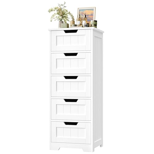FOTOSOK Bathroom Cabinet Bathroom Storage Cabinet with 5 Drawers Wooden Storage Cabinets with Cut-Out Handles 11.8 x 15.7 x 40.1 Bathrooms Floor Cabinets for Hallway/Living Room White