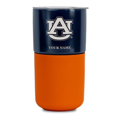 Rico Industries NCAA Auburn Tigers Personalized 16 oz Ceramic Tumbler with Silicone Grip, Deep Laser Engraved, Navy and Orange Colored Design with Slide Lid, Travel Coffee Mug, Matte Glaze