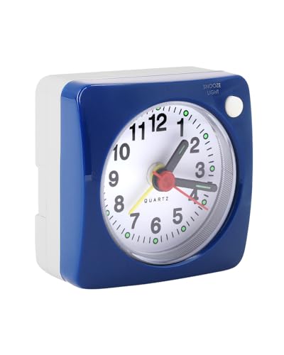 Reloj despertador de viaje silencioso pequeño, color azul, luz LED pequeña, sin tictac, funciona con pilas, pantalla silenciosa, reloj despertador analógico con función de repetición de luz nocturna