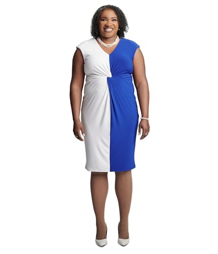 Kasper Women's Plus Size Twisted-Front Cap-Sleeve Dress (Royal Blue/White, 3X)