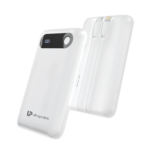 Image of UltraProlink Power Bank 10000mah Fast Charging|16.8mm Slim|22.5W QC-PD-PPS Fast Charging Battery Bank|with USB-C & iPhone Cable|Digital Display|Power Bank for Tablets & Smartphones|White |UM1127