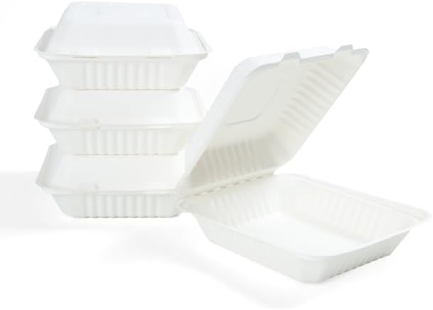 8"x8"x3" Clamshell One Compartment Sugarcane Biodegradable & Renewable Eco-Friendly White TakoutFood Contaniners/To Go Boxes (Case of 200)