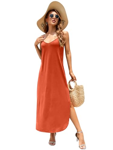 Image of HUSKARY Women's Summer Casual Sleeveless V Neck Strappy Split Loose Dress Beach Cover Up Long Cami Maxi Dresses with Pocket