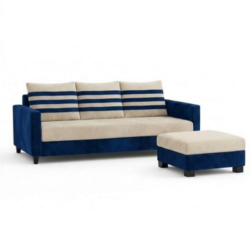 Image of Cavina 4 Seater L Shape Sofa Set with Movable Ottoman | Flexible Left or Right Layout | Luxury Velvet Suede Fabric | Modern Living Room Sofa | Dark Blue-Cream