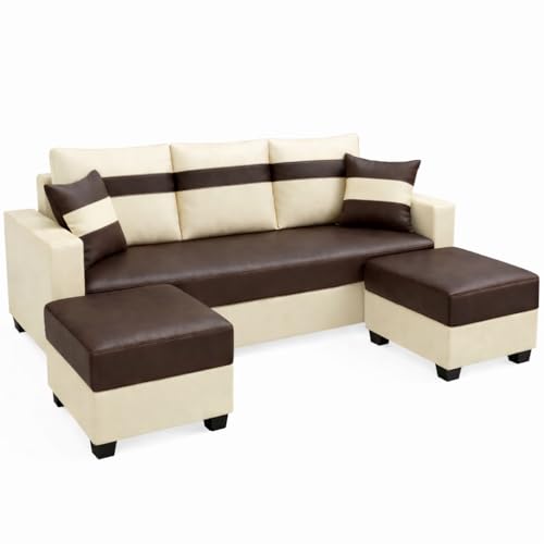 Image of SOCOZI Bastian 5 Seater L Shape Sofa Set with 2 Movable Ottomans | Flexible Layout | Premium Leatherette with Golden Metal Legs |Sofa for Living Room (Dark Brown-Cream)