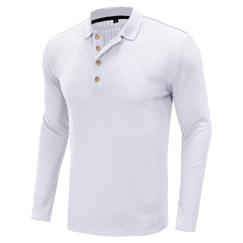 Mens Long Sleeve Pullover Sweaters Fashion Casual Vintage Button-Up Knit Shirt Classic Basic Solid Color Tees (Small,White)
