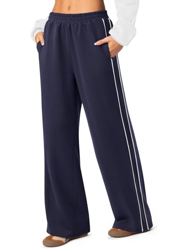 NIMIN Women's Wide Leg Sweatpants High Waisted Baggy Lounge Sweat Pants Cotton Athletic Workout Fleece Lined 2025 Fall Fashion Outfits with Pockets Navy Blue