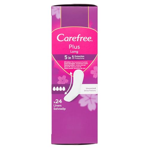 Carefree Salvaslip Plus Long sin perfume, salvaguitas para mujer extra largo con protección 5 en 1 para 8 h de sensación de seco, absorbentes sin perfume ultrafinos para uso diario, 24 compresas