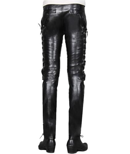 xxxiticat Men's Faux Leather Pants Low Rise Side Bandage Lace Up Rock Steampunk Motorcycle Slim Black PU Leather Trousers3