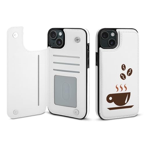 iPhone15Plus用ケース 手帳型 コーヒー豆とホットコーヒー アイフォン15Plus用ケース 背面 財布型 スマホケース PUレザー カード収納 スタンド機能 おしゃれ