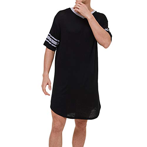 Lu's Chic Men's V Neck Nightgown Short Sleeve Nightshirt Soft Sleepshirt Striped Pajama Top Sleep Shirt Night Summer Gown Sleepwear Knee Length Black X-Large #TOP3