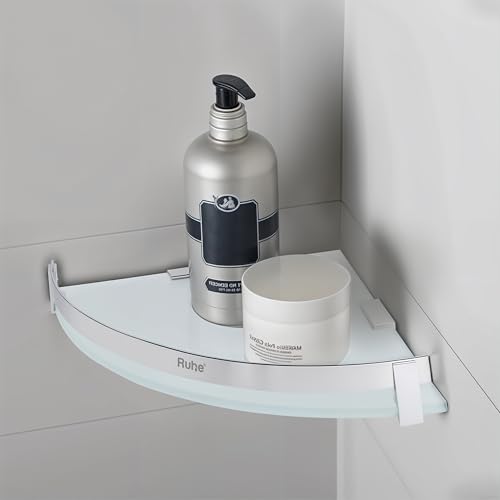 Image of Ruhe Premium Vetra Bathroom Glass Shelf Corner | Multipurpose Wall Mounted Shelves Rack for Kitchen /Living Room - Bathroom Accessories 12 x 12 inches (Chrome Finish)