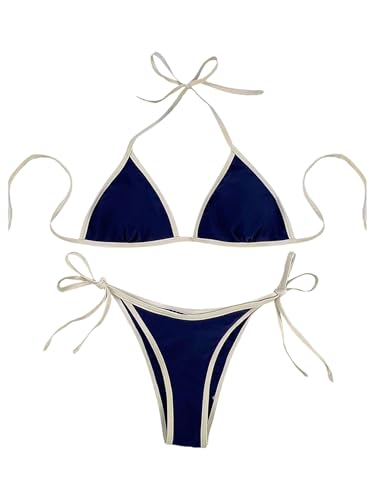 GORGLITTER Women's Triangle String Bikini Sets Color Block Halter Thong Swimsuit Cute Bathing Suit 2 Piece 2025
