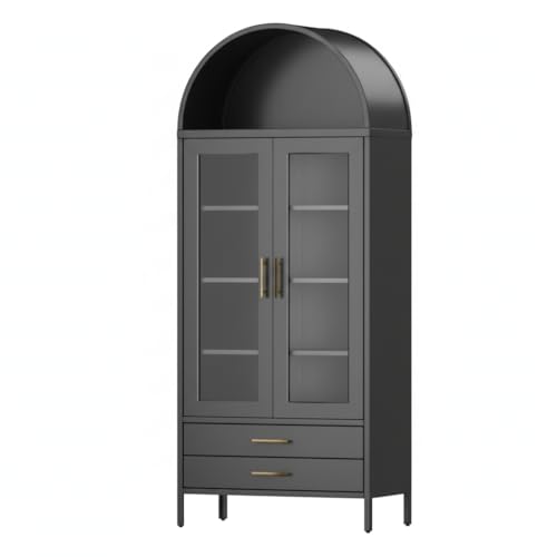 Garvee GarveeHome 73 in Tall Arched Cabinet with Glass Doors & 2 Storage Drawers, Modern Display Cabinet with 2 Adjustable Shelves, Kitchen Pantry Storage Cabinet for Living Dinning Room, Black 2PC