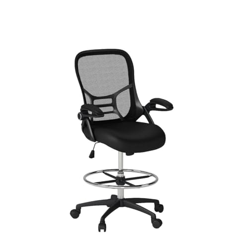 Image of HYLONE Drafting Chair Tall Office Chair High-Back Mesh Standing Desk Stool with Adjustable Footrest Ring and Flip-Up Arms Black