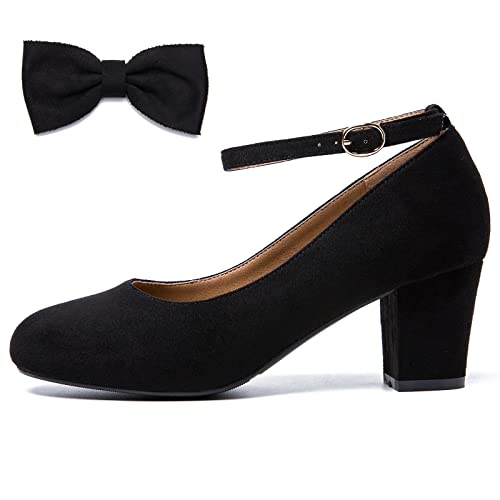 Women's Ankle Strap Heels Removable Bow Closed Toe Low Chunky Heels Pumps Mary Jane Dress Shoes3