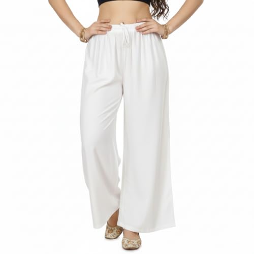 Image of Women's Rayon Palazzo Pants | Solid Color Wide Leg Trousers in 18 Shades | Elastic Waist Casual Bottoms XS-7XL | Comfortable