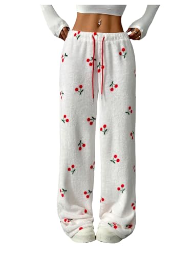 Women's Cherry Graphic Lounge Pants Y2k Fuzzy Drawstring Waist Straight Leg Casual Trousers