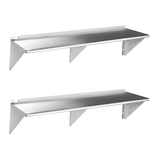 Image of ROCKPOINT Stainless Steel Shelf 12 x 72 Inches 450lb, 2 Pack NSF Commercial Wall Mount Floating Shelving with Backsplash for Restaurant, Kitchen, Home and Hotel, Silver