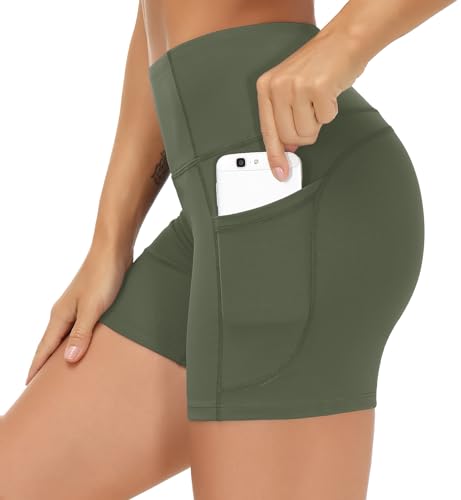 Image of THE GYM PEOPLE High Waist Yoga Shorts for Women's Tummy Control Fitness Athletic Workout Running Shorts with Deep Pockets