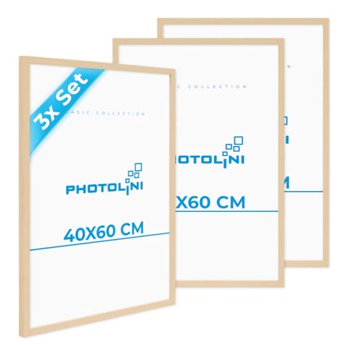 PHOTOLINI Marcos 40x60 cm madera MDF natural, set de 3 marcos para pósteres, cristal acrílico, para colgar, incluye accesorios - para fotos, láminas y pósteres