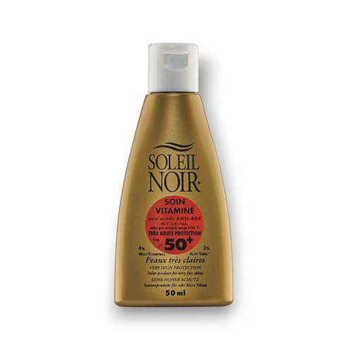 Soleil Noir - Soin Vitaminé SPF 50+ Très Haute Protection 3 Filtres UVA et UVB - Peaux Très Claires - Vitamines A, C, E, Aloé Vera - Fabrication Française - Flacon avec Capsule Service, 50 ml