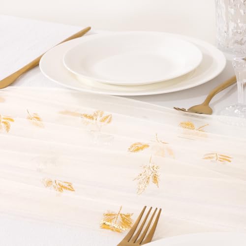 Image of Fall Maple Leaf Table Runner Beige Sheer Gauze Foil Table Runner, 6PC