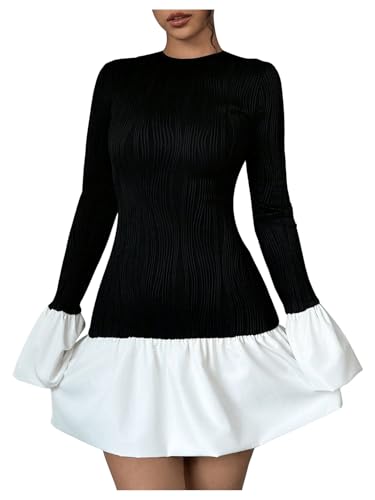 GORGLITTER Women's Color Block Ruffle Bubble Dress Trendy Puff Long Sleeve Crewneck Mini Dresses