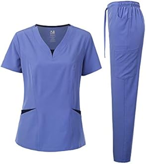 Dagacci Medical Uniform® Scrubs for Women Set – 4-Way Stretch Contrast V-Neck Top and Pants Sets for Women – 9 Pockets