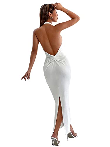SheIn Women's Twist Back Split Bodycon Maxi Dress Sleeveless Backless Halter Long Dresses White Petite Medium