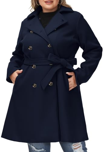 Hanna Nikole Women Plus Size Double Breasted Wool Pea Coat Notch Lapel Trench Coats Mid Long Winter Outerwear with Belt