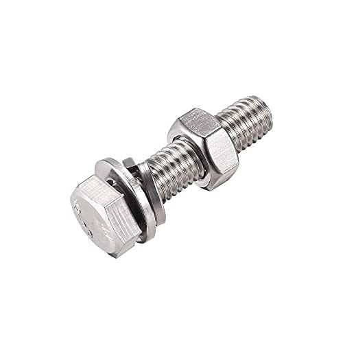 Image of uxcell M10 x 45mm Hex Head Screws Bolts, Nuts, Flat & Lock Washers Kits, 304 Stainless Steel Fully Thread Hexagon Bolts 4 Sets