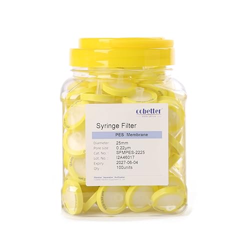 Image of 100 Pack PES Syringe Filter Lab Filters 0.22μm Pore Size 25mm Diameter Hydrophilic Filtration Non-sterile Yellow