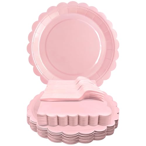 WYQJHKV Pink Paper Plates and Napkins 7 Inch Pink Scalloped Disposable Dessert Plates Paper Napkin Fork Party Supplies for Mothers Day Wedding Baby Shower Birthday(25 Guest)