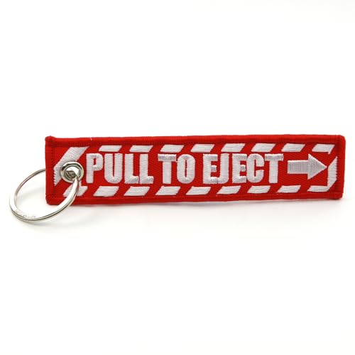 Image of PULL TO EJECT Key Chain - Red with White embroidered letters - Quantity = 1