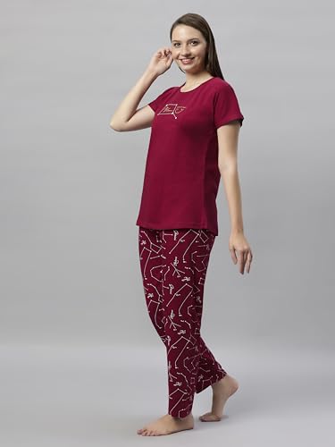 Image of DZZO Women's Cotton Printed Night Suit Set of T-Shirt & Pyjama, Night wear Dress, Relaxed wear for Women /Girls