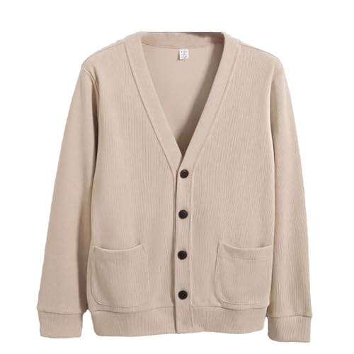 Men's Knitted Sweater Cardigan Business Casual Long Sleeve V-Neck Sweater Buttons Down Sweater with Pockets Apricot