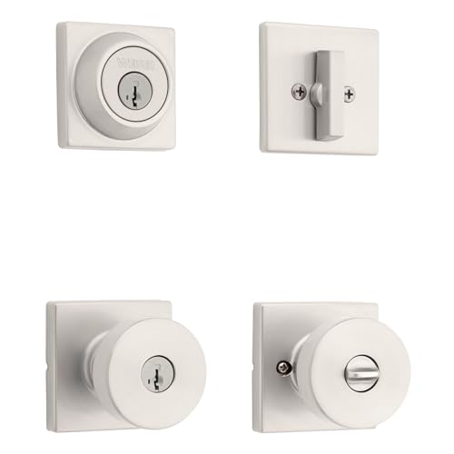 Weiser Cambie Satin Nickel Front Door Knob with Deadbolt, Reversible Exterior/Interior Entry Door Knob with Key and Deadbolt Lock, Front Door Knobs with Lock/Front Door Lock, Modern Home Décor by Weiser - Used condition - CA$84.19