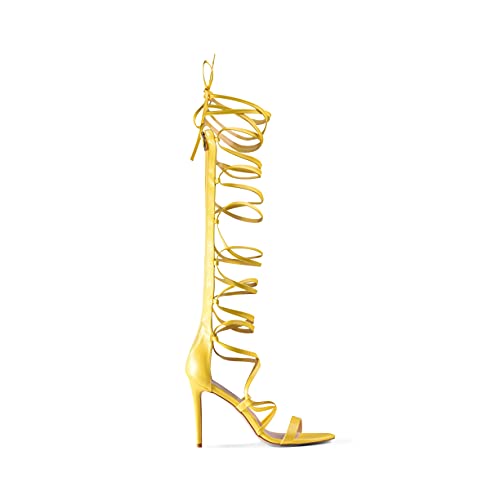 Zhabtuc Gladiator lace Up Heeled Sandals Strappy Knee High Open Toe Sexy Women Summer Sandals Stiletto Heels for Dress, Party, Evening Yellow Size 9.5