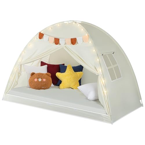 Twin Bed Tent for Kids - Twin Bed Canopy for Girls, Portable Privacy Tent for Toddler Travel Bed Sleeping Tents Indoor Cottage Drafty Room Floor Bed Tents with Stars Lights & Flags, Beige