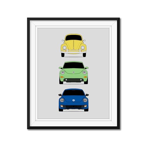 Custom Car Posters Handmade Poster compatible with Volkswagen Beetle Generations and Print of VW Beetle (Type 1, New Beetle, A5) - Multi, 8x10