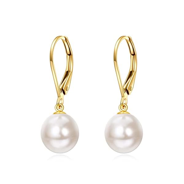 KECHO 14k Solid Gold Freshwater Pearl Drop Leverback Earrings for women Bridesmaid Gifts for Her