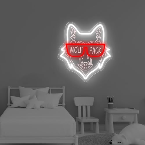 Image of Wolf Pack Family Neon Sign, Wild Animal Birthday Gift, Family Reunion LED Light, Animal Lover Decor, Wolf Lovers Gift, 14.4 inchx13 inch, White+Red